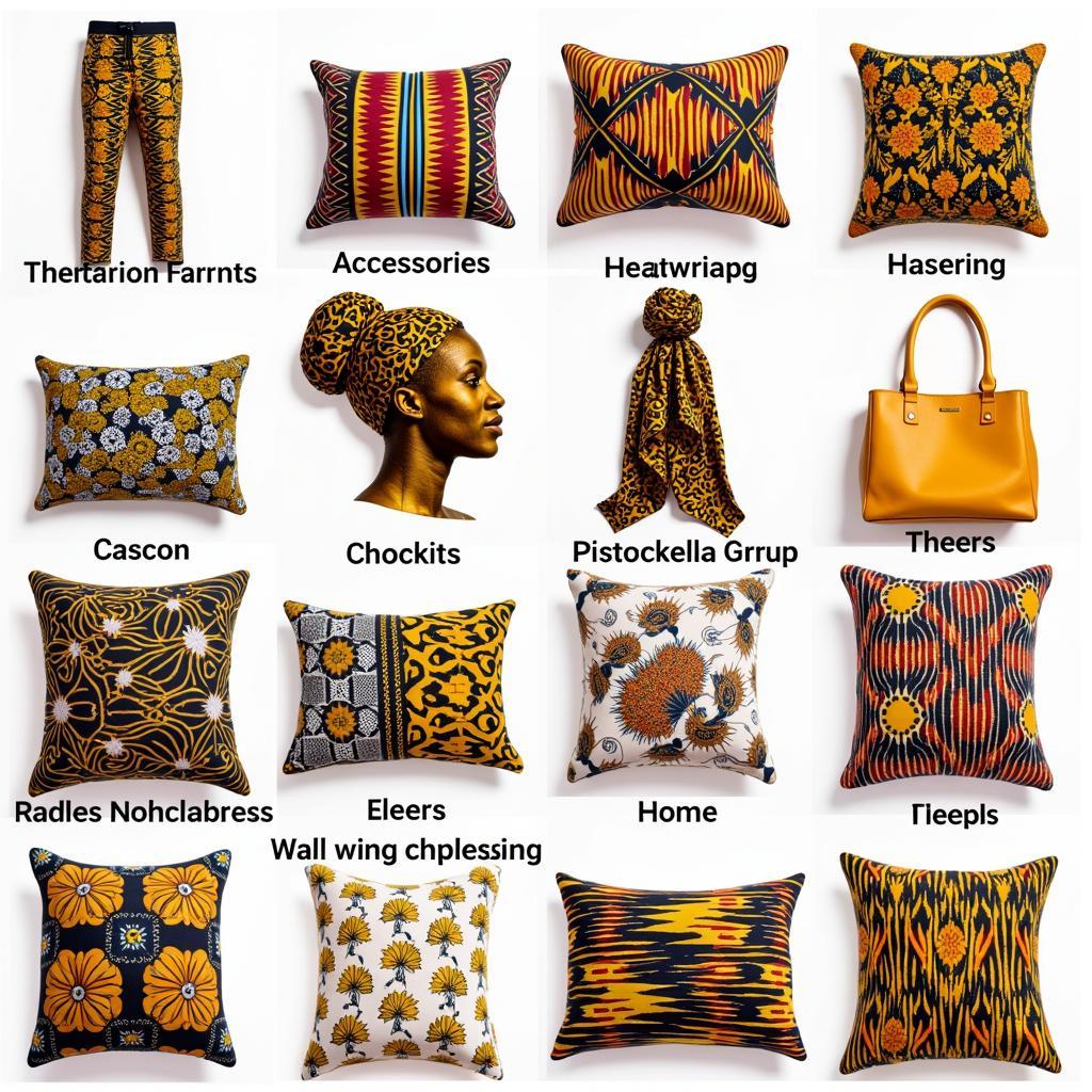 Various uses of African fabrics in clothing, accessories, and home decor.