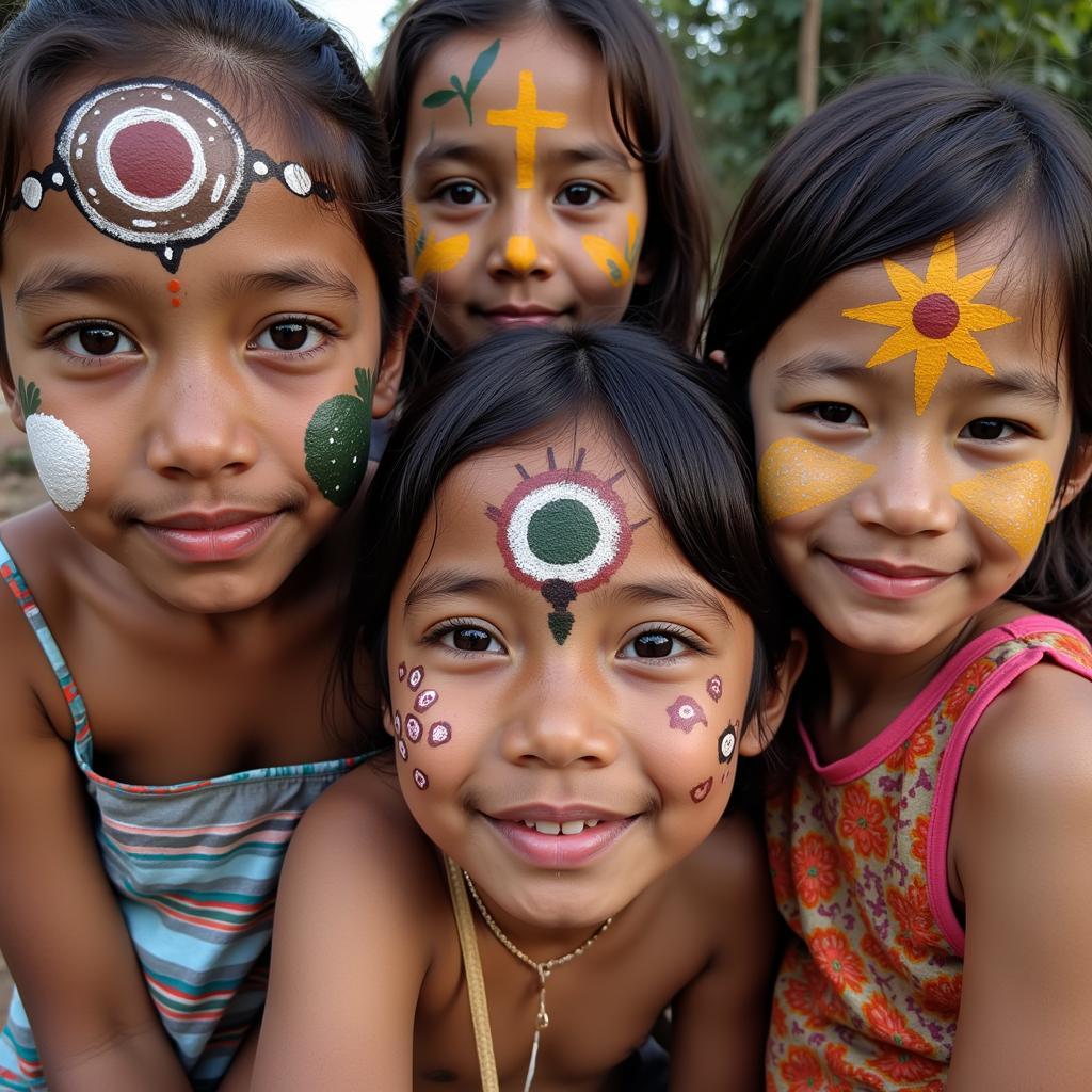 African Face Painting Children: Intricate designs created with natural pigments on children's faces.