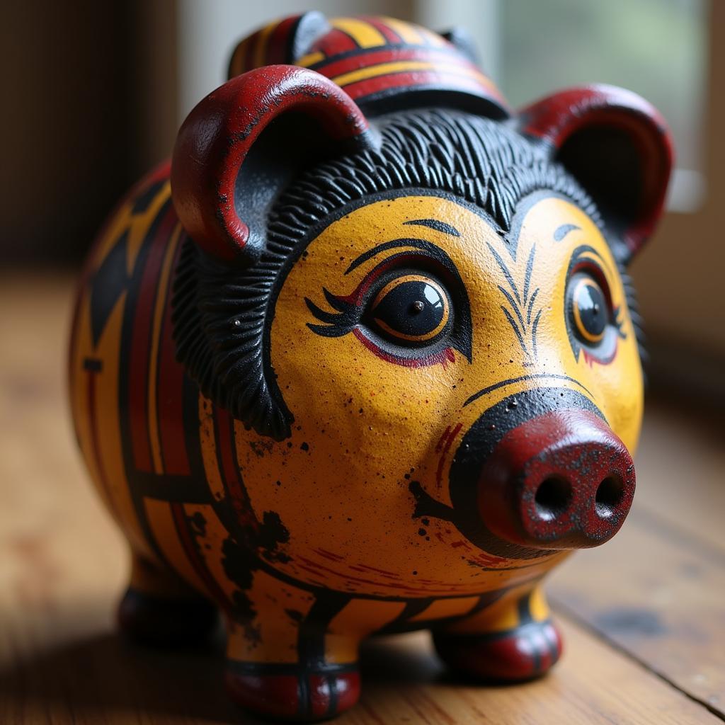 Close-up of an African face piggy bank showcasing intricate details and vibrant colors.