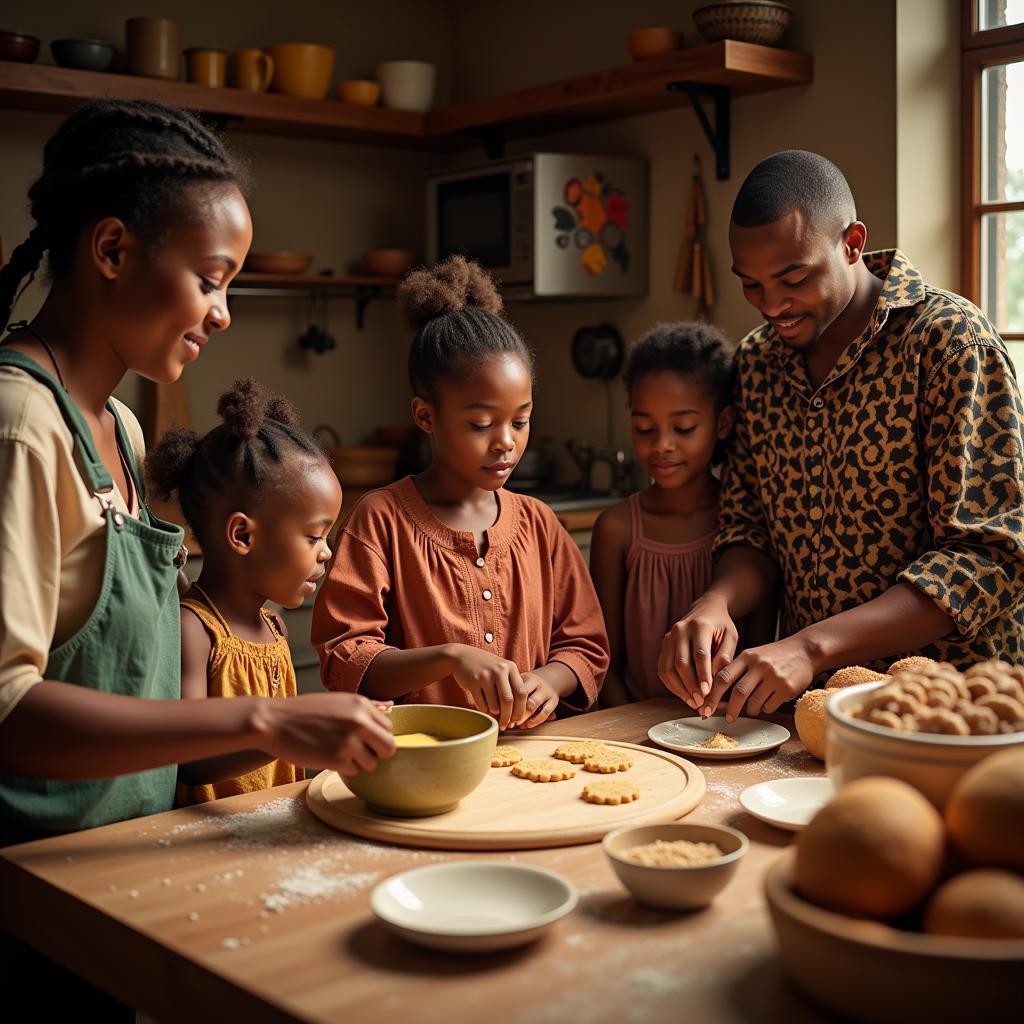 An African family baking t'icoco cookies together in their kitchen