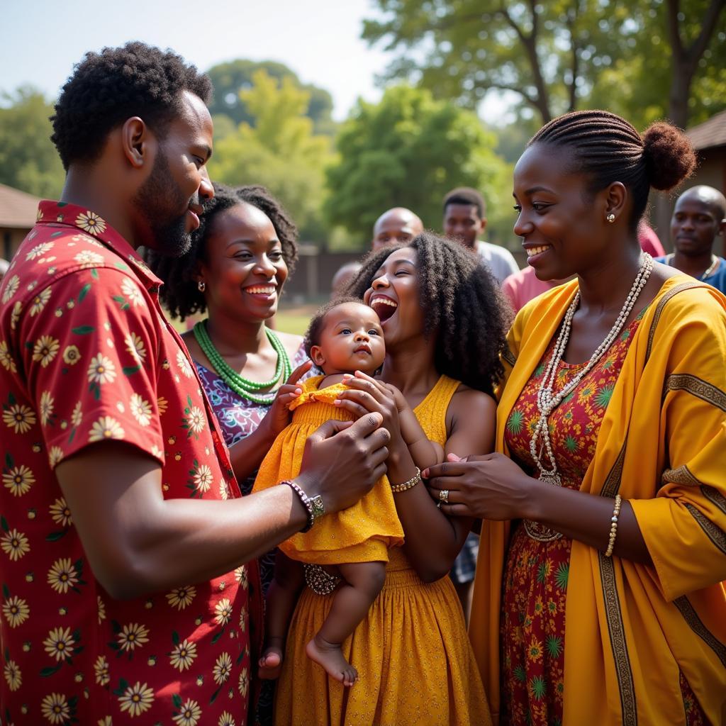 An African family gathers for a vibrant baby naming ceremony.