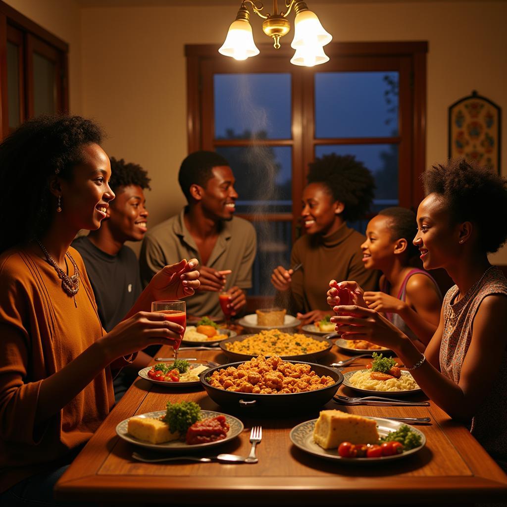 An African family sharing a meal cooked on a hot plate