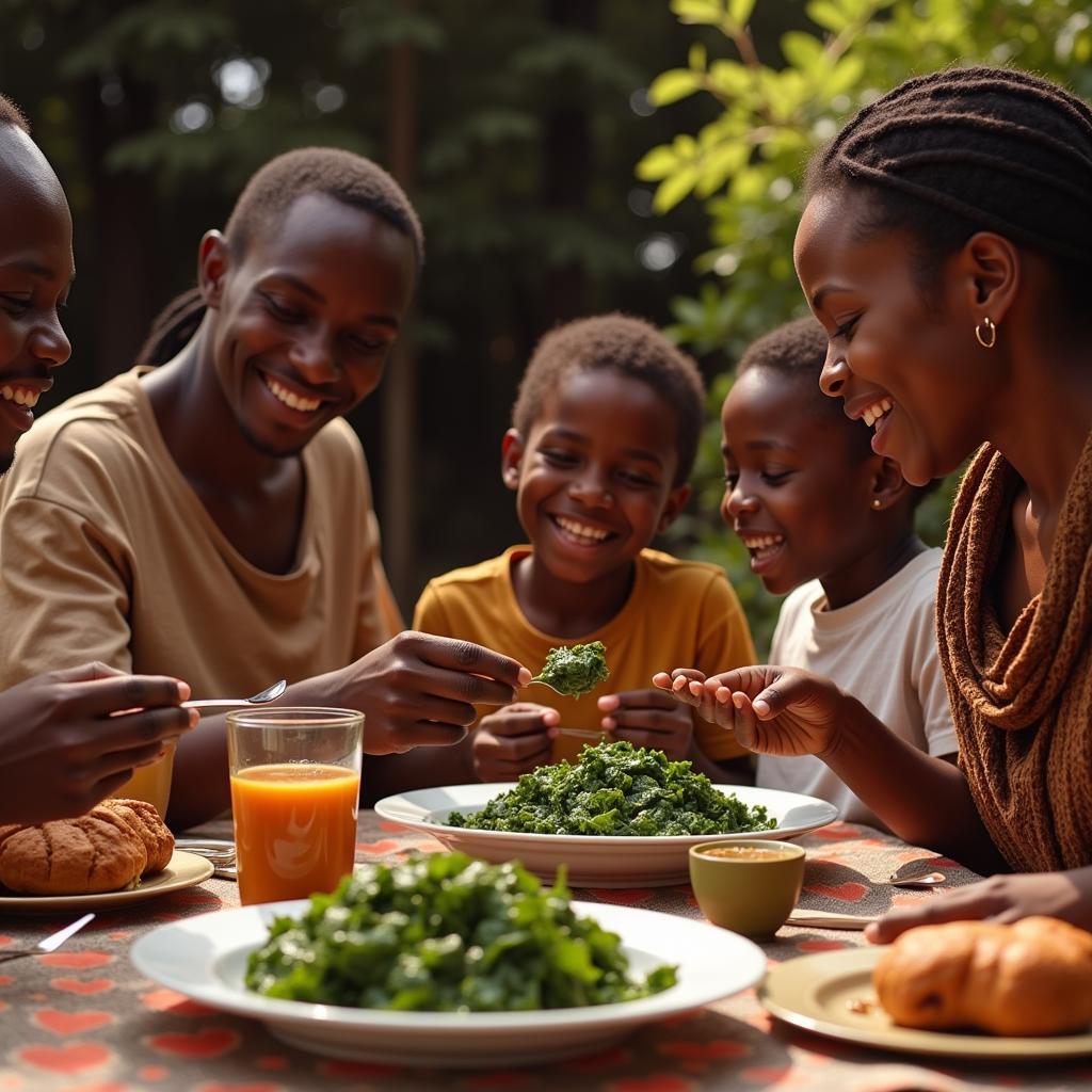 Family Gathering Around a Meal Featuring African Coconut Spinach