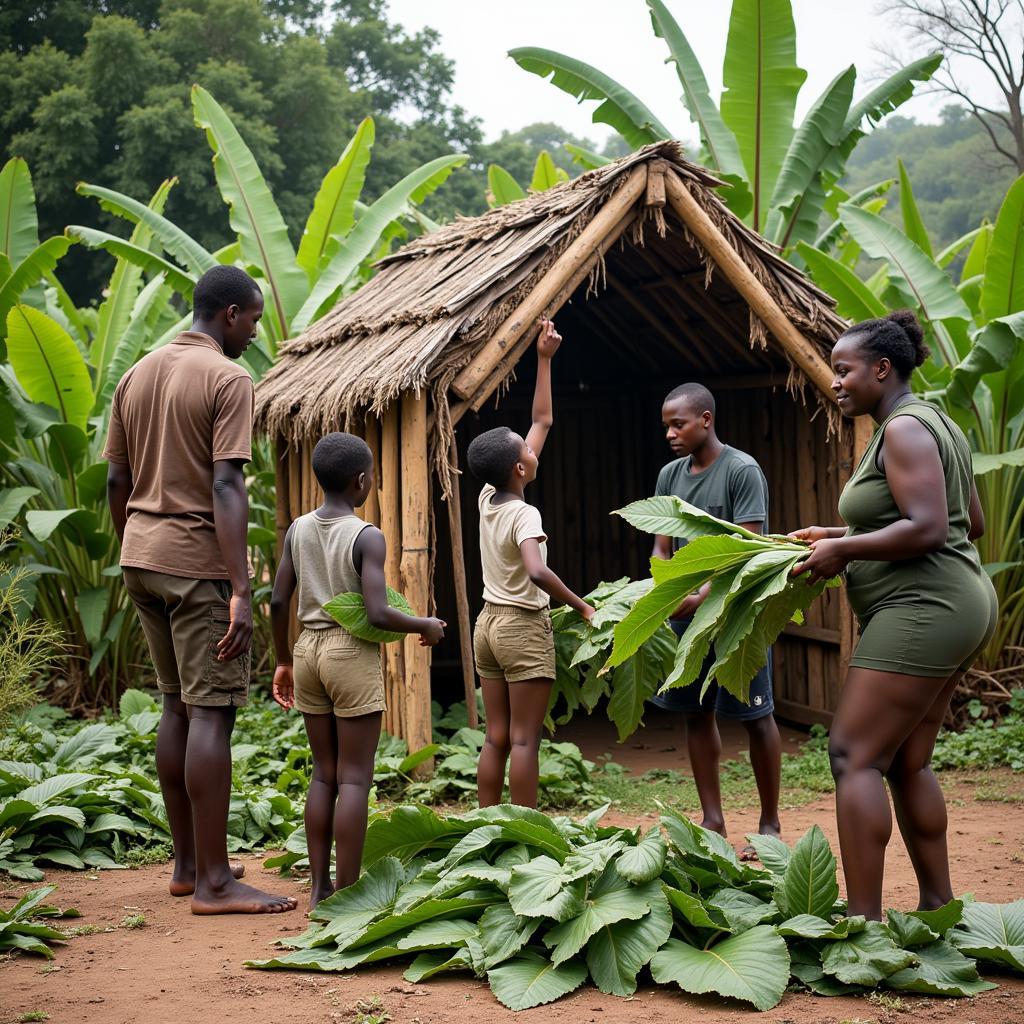 African Family Gathering Leaves for Shelter