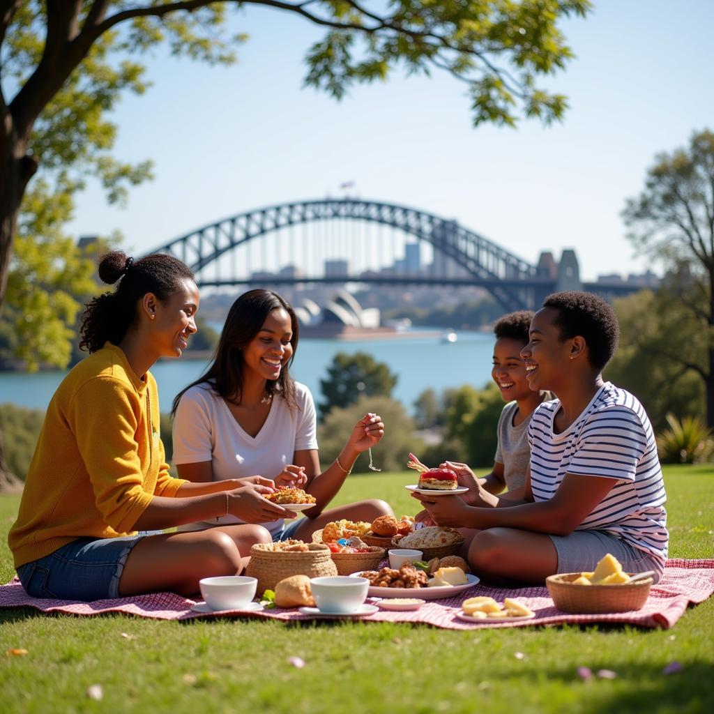 African Family Enjoying Picnic at Sydney Harbour