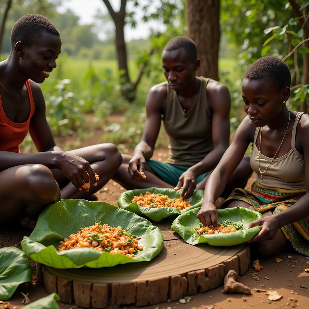 African Family Preparing a Meal with Leaves