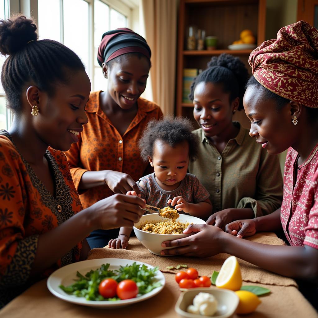 An African family preparing traditional food for their baby