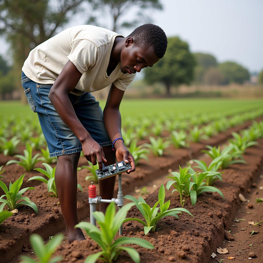 African Farmer Checking Arduino Irrigation System