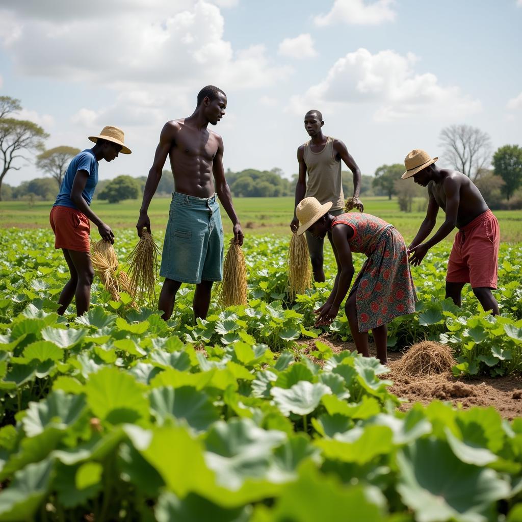 African farmers harvesting crops in a field