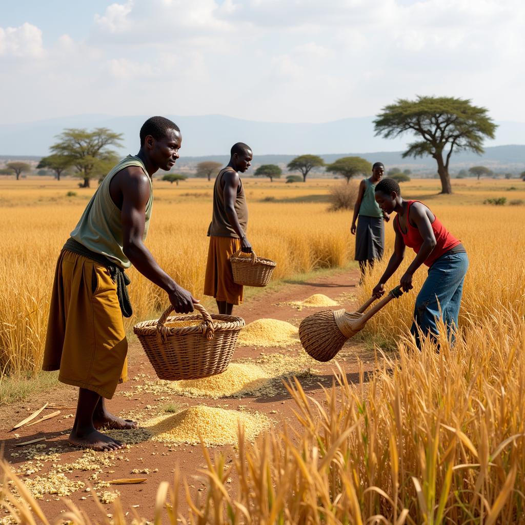 African farmers harvesting sorghum in a traditional way