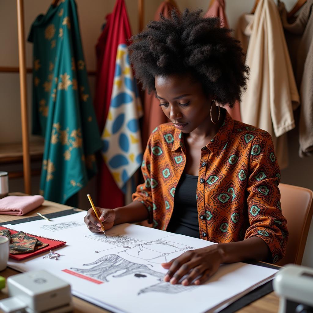 African Fashion Designer Working in Their New York Studio