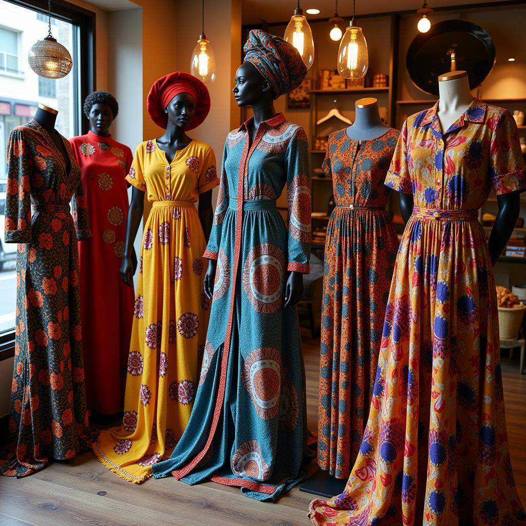 Display of vibrant African clothing in a Detroit boutique