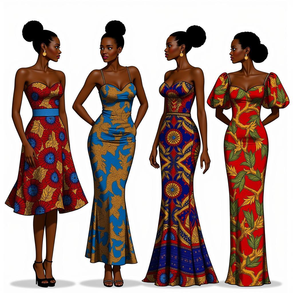 African fashion dresses showcase a variety of vibrant textiles and patterns