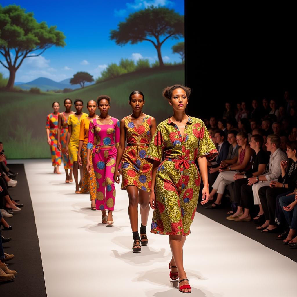 Models showcasing vibrant African designs on the runway at a fashion show in Vienna