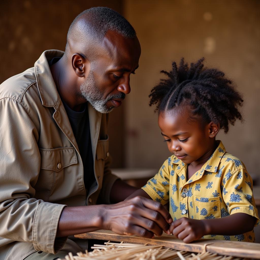 African Father Teaching Son Traditional Skills