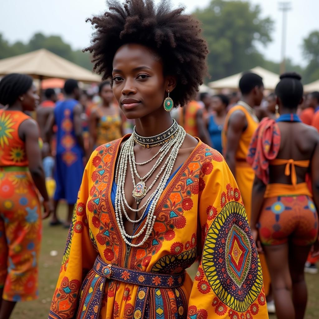 African female model in traditional attire, showcasing the vibrant colors and patterns of African culture.