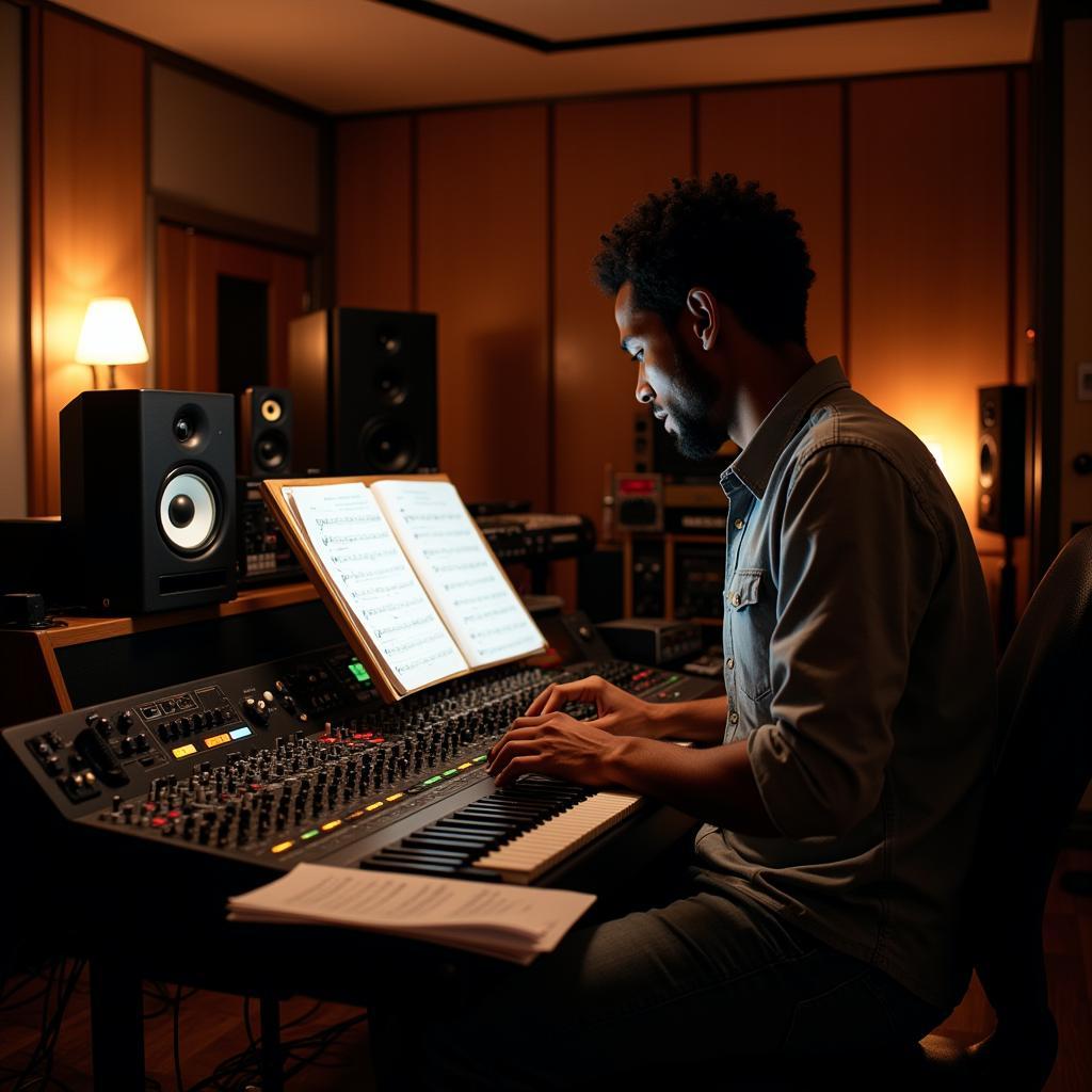 A film composer working on the score for an African film.