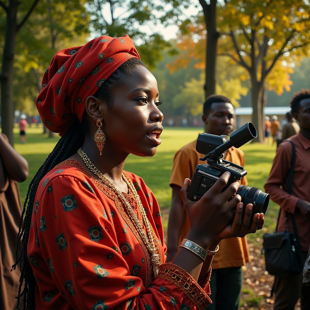 A vibrant scene from an African film festival, with attendees, filmmakers, and red carpet.