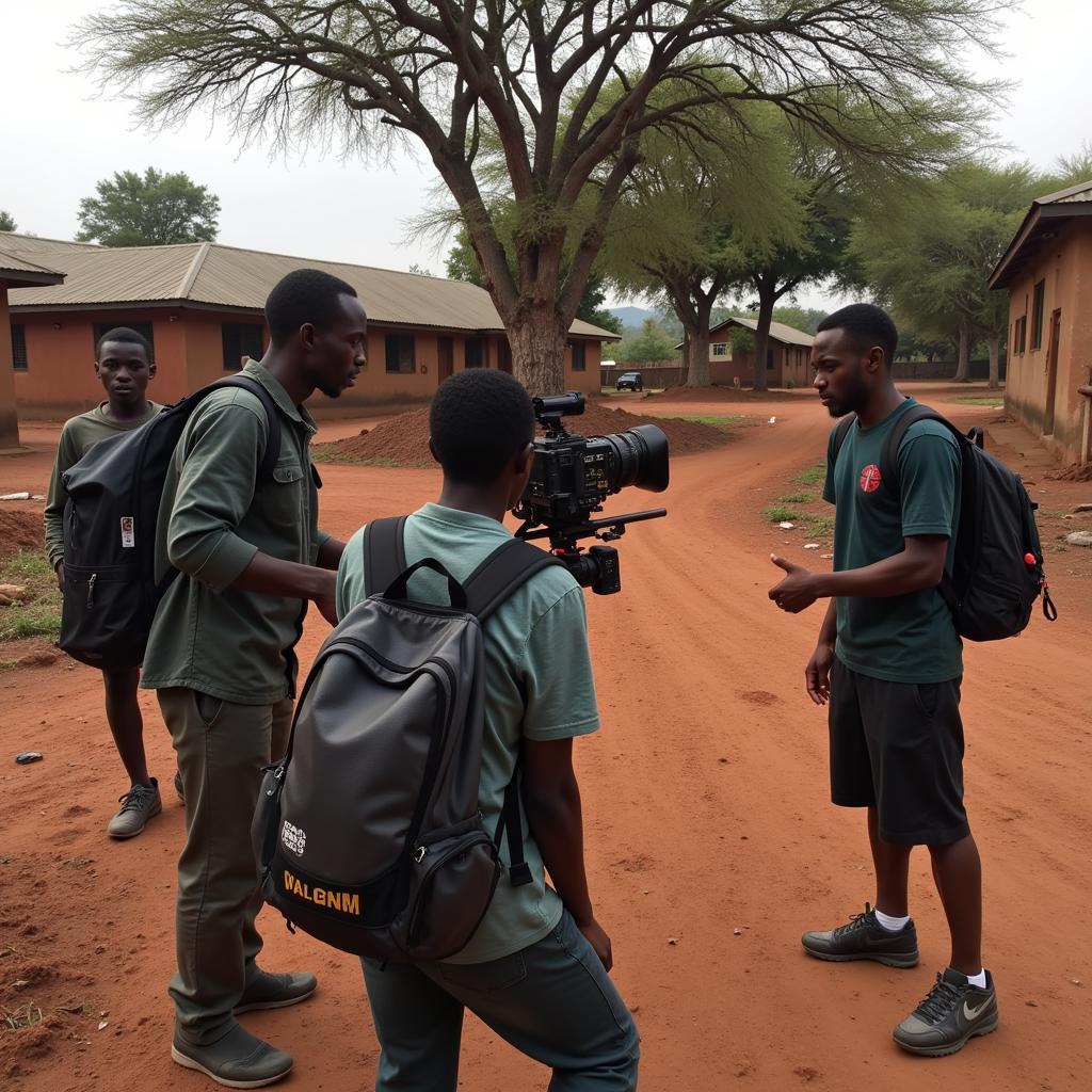 African filmmakers working on set, using various equipment and collaborating with actors.