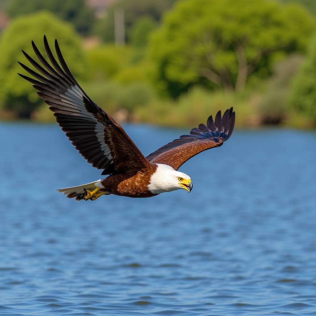 African Fish Eagle Soaring Over Water