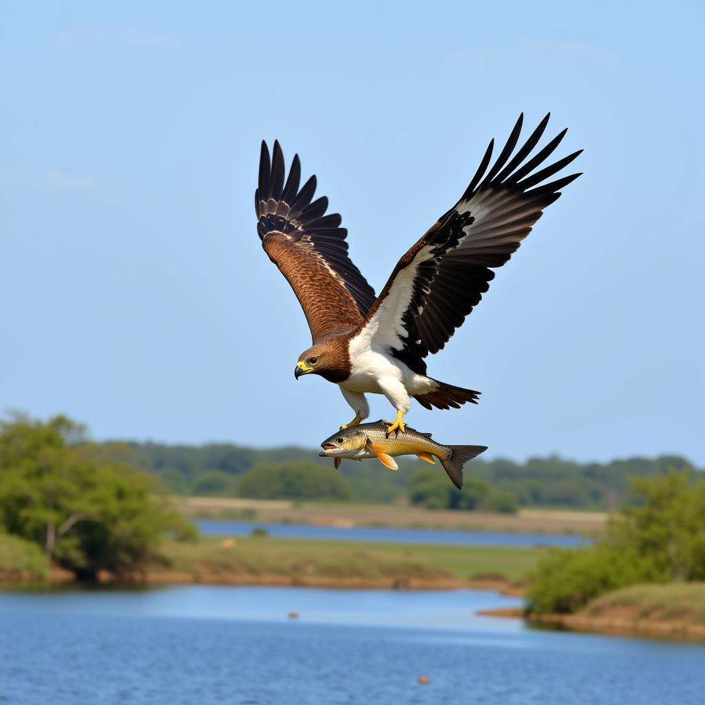 African fish eagle soaring above a river with a fish in its talons.