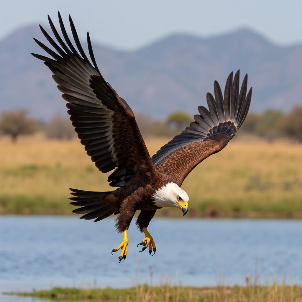 African Fish Eagle Soaring Above Water