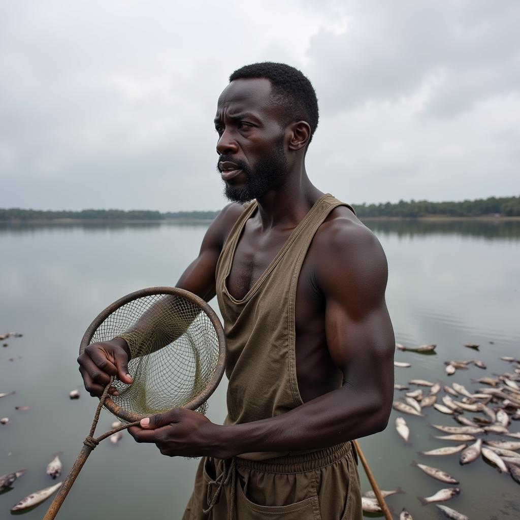 African Fisherman with Empty Net After Fish Die-off