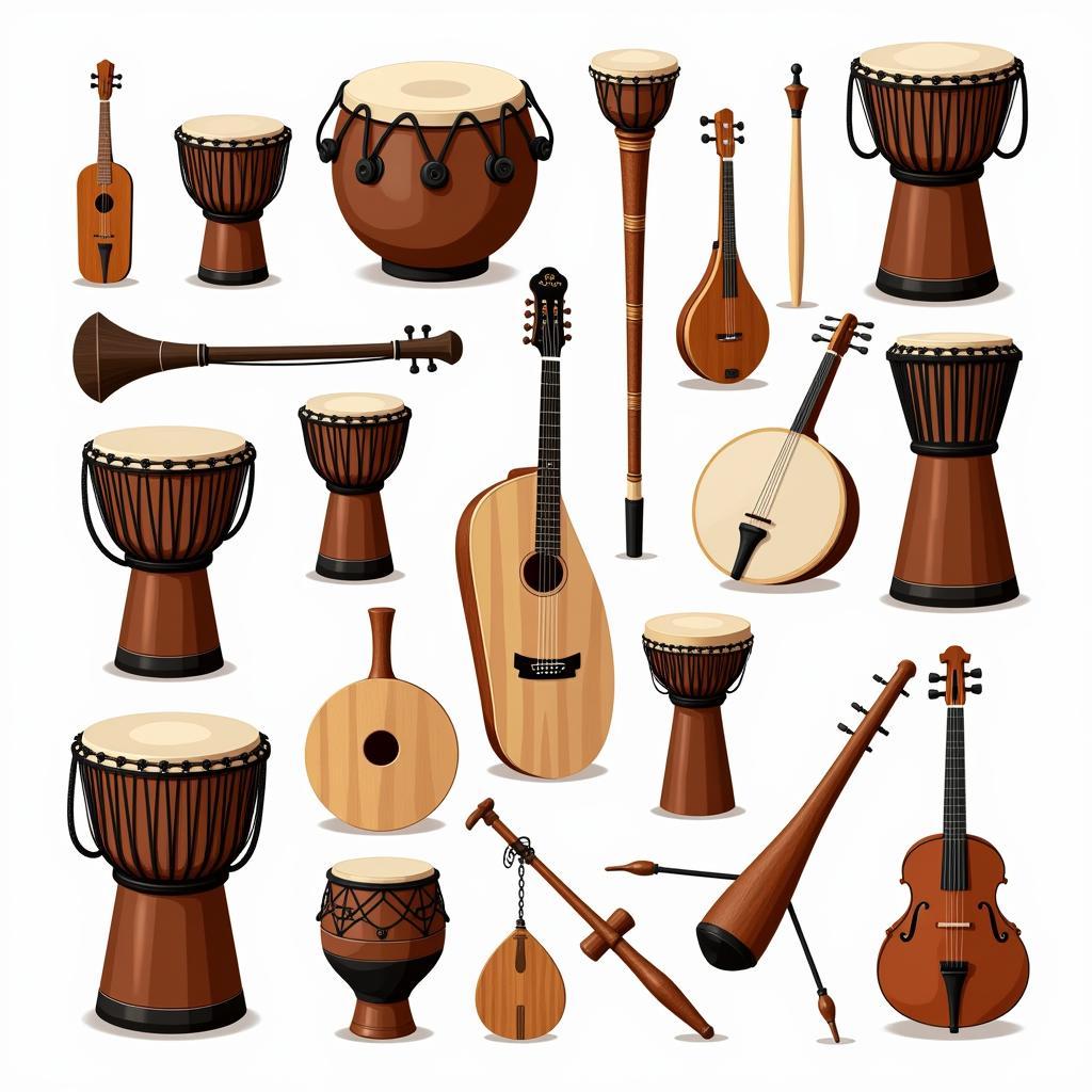 A collection of diverse African folk music instruments.