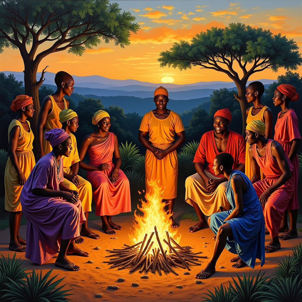 African Folk Painting Depicting Storytelling