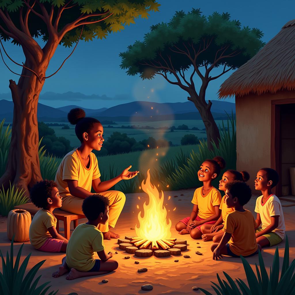 Children gathered around a fire listening to a storyteller share African folk tales