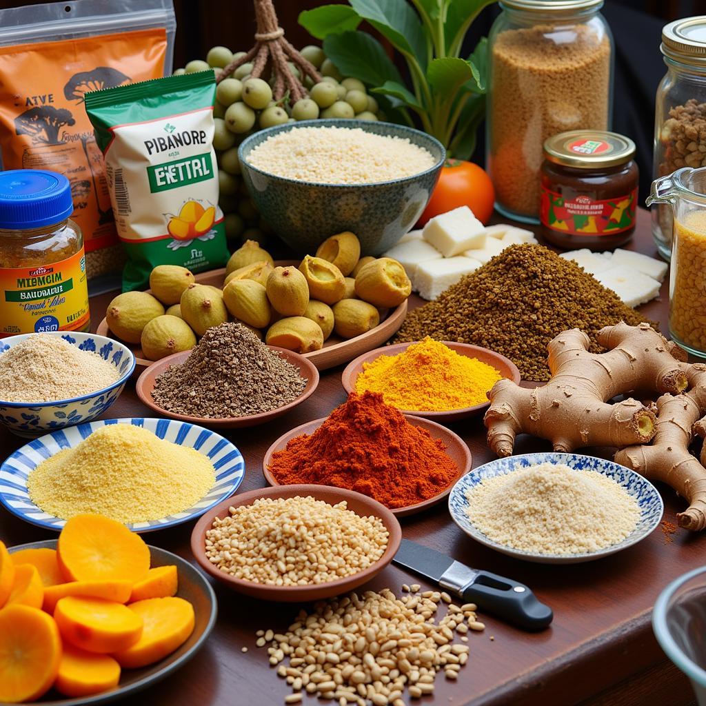 Variety of African Food Products: A colorful display of diverse African ingredients, including spices, grains, fruits, vegetables, and packaged goods.