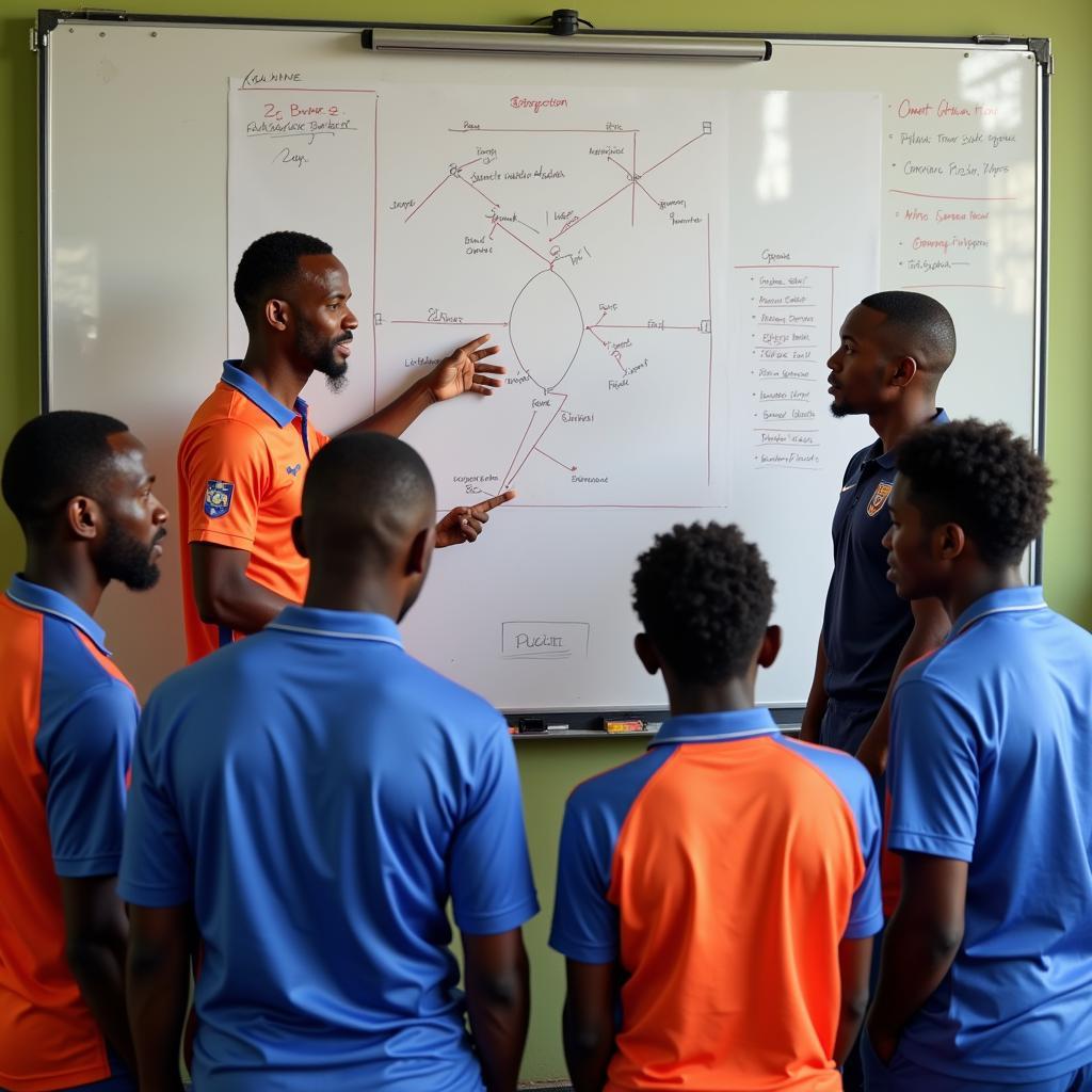 African football coach discussing strategy with players in Delhi