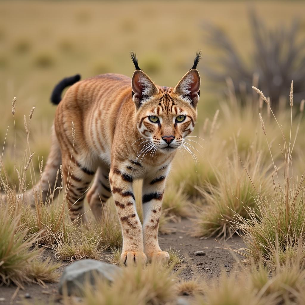 African Forest Cat Camouflaged in Grassland