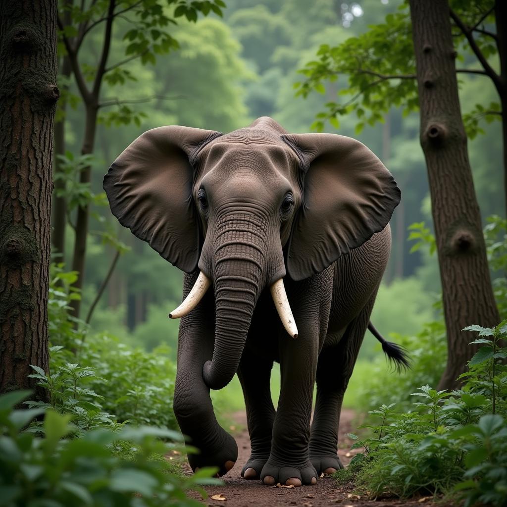 African forest elephant in its natural habitat, critically endangered.