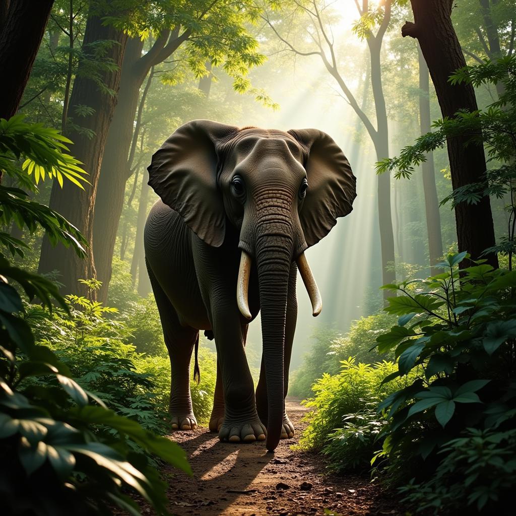 African Forest Elephant navigating through dense jungle foliage