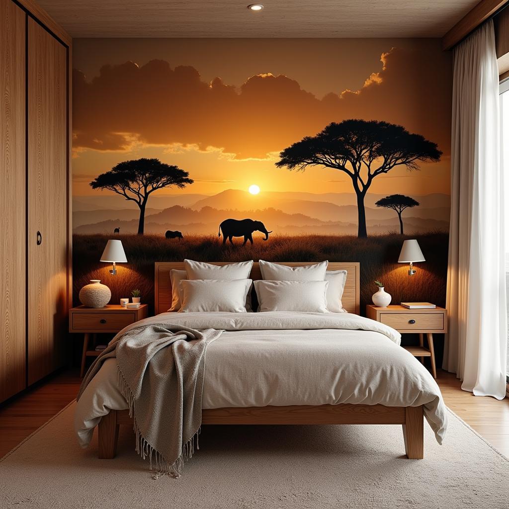 African Forest Wallpaper in a Bedroom Setting