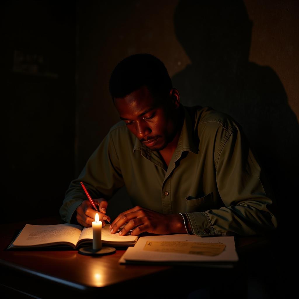 African freedom fighter writing in a journal by candlelight