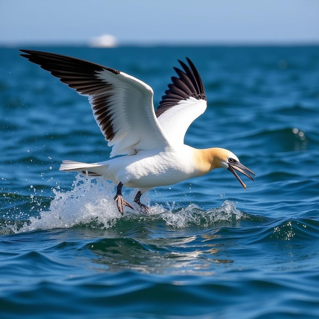 African gannet diving into the ocean to catch fish