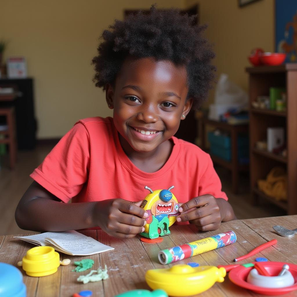 African Girl Creating a Toy from Recycled Materials