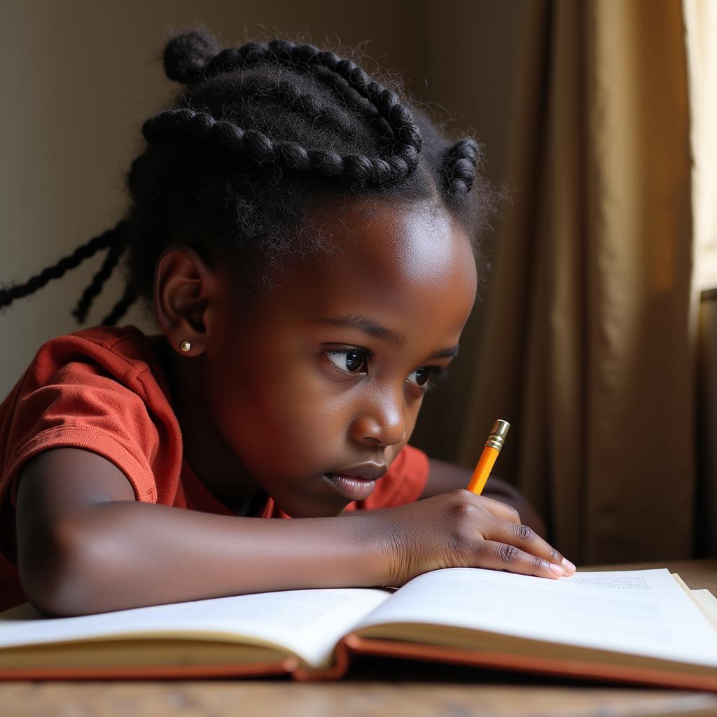 A young African girl studying diligently in her classroom.