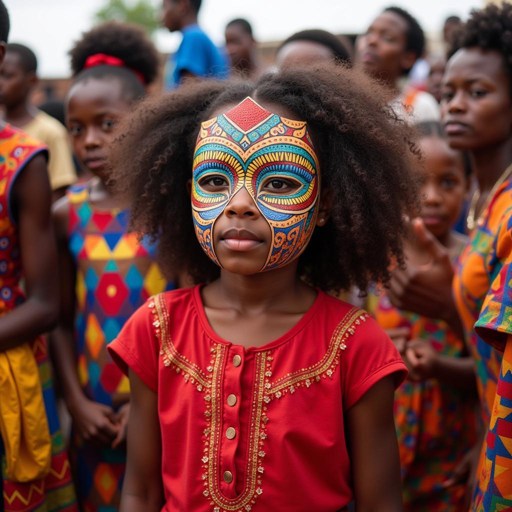 African Girl with Paper Mask at a Ceremony