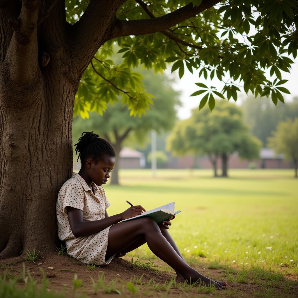 African girl reading under a tree