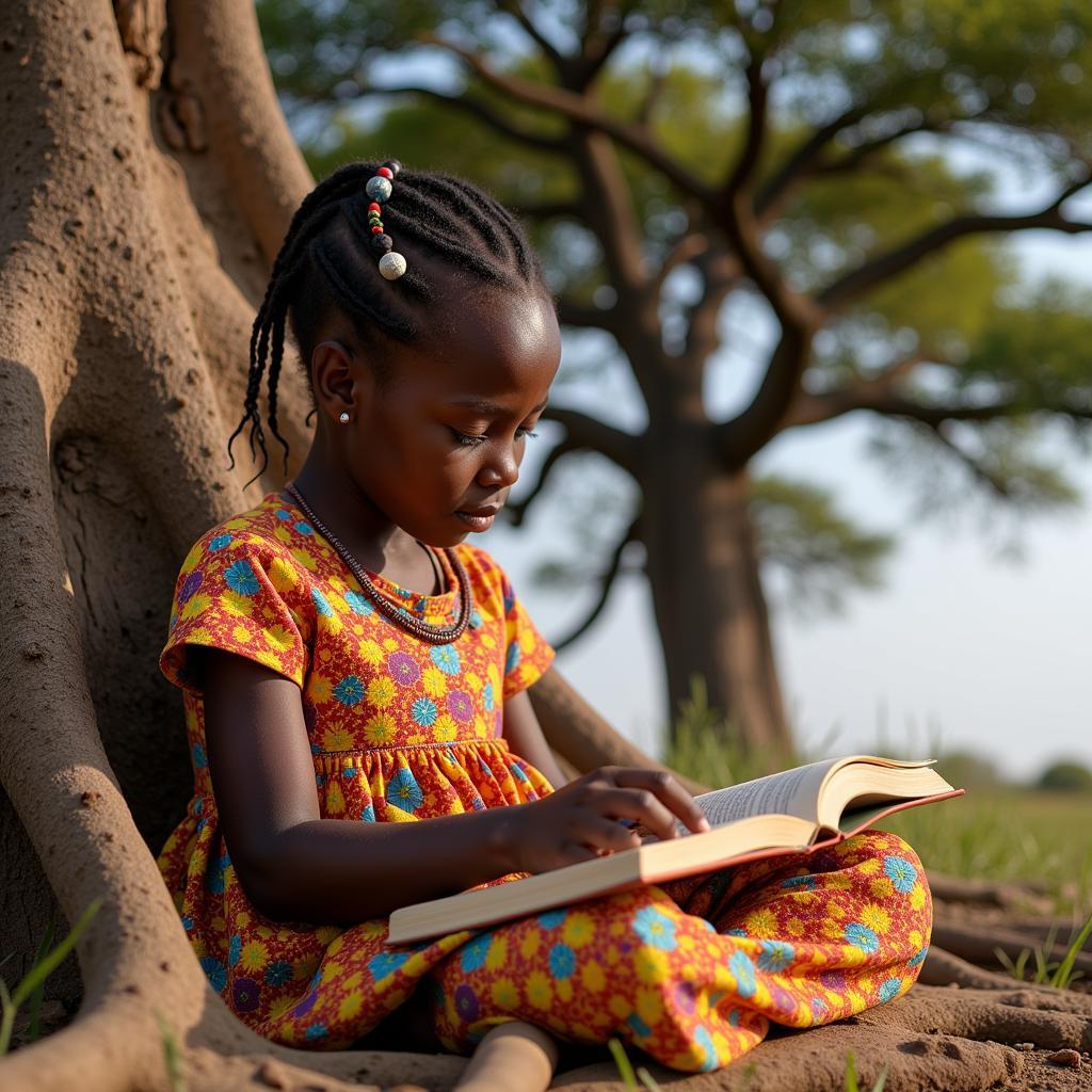 African Girl Reading Under Baobab Tree