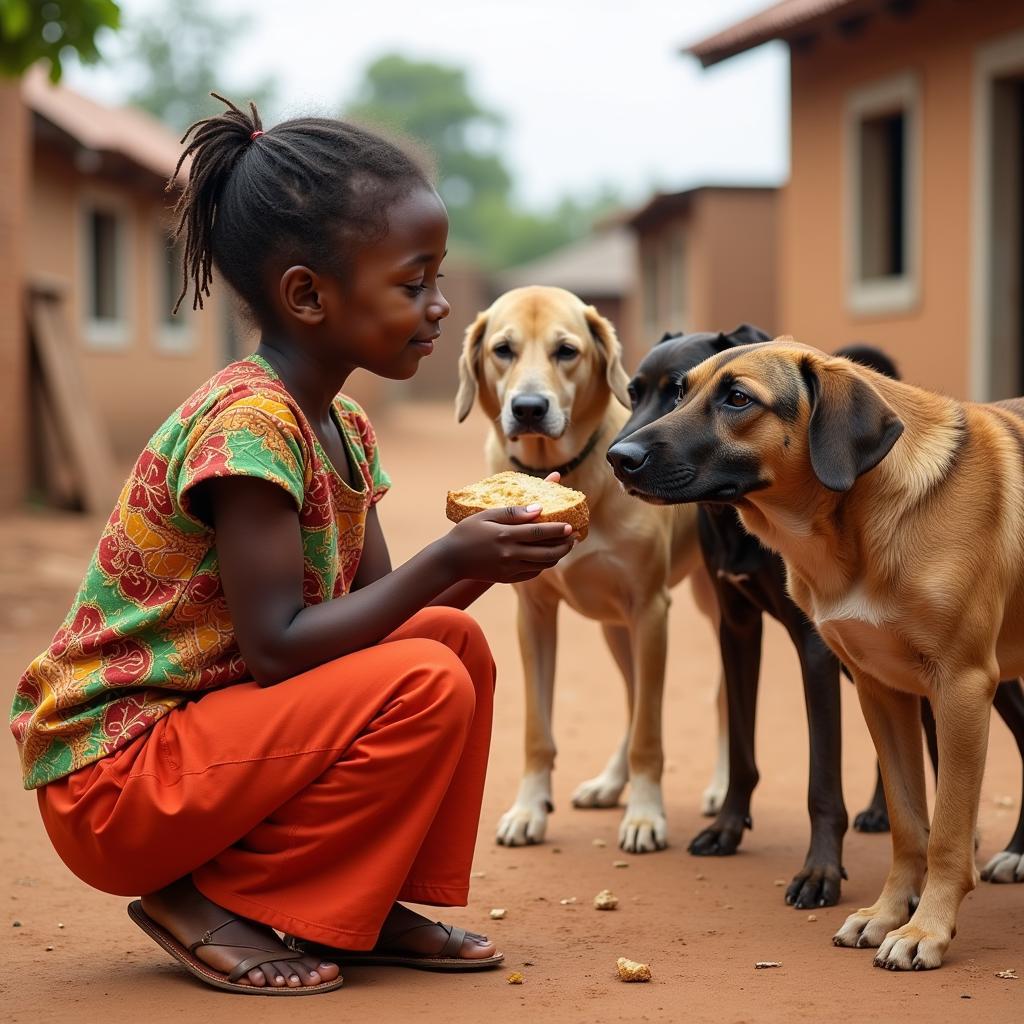 An African Girl Sharing Food with Stray Dogs