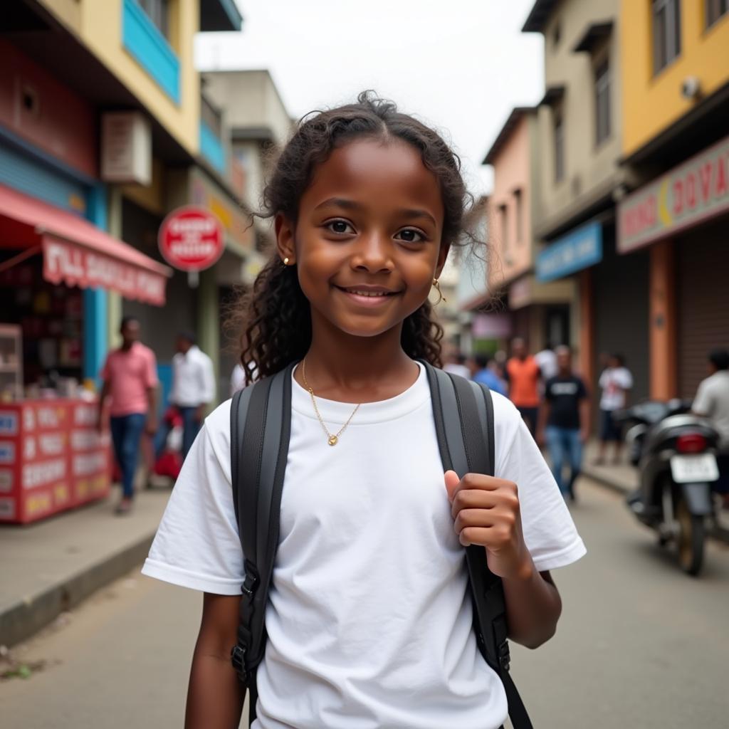 African girl in a white t-shirt in an urban setting