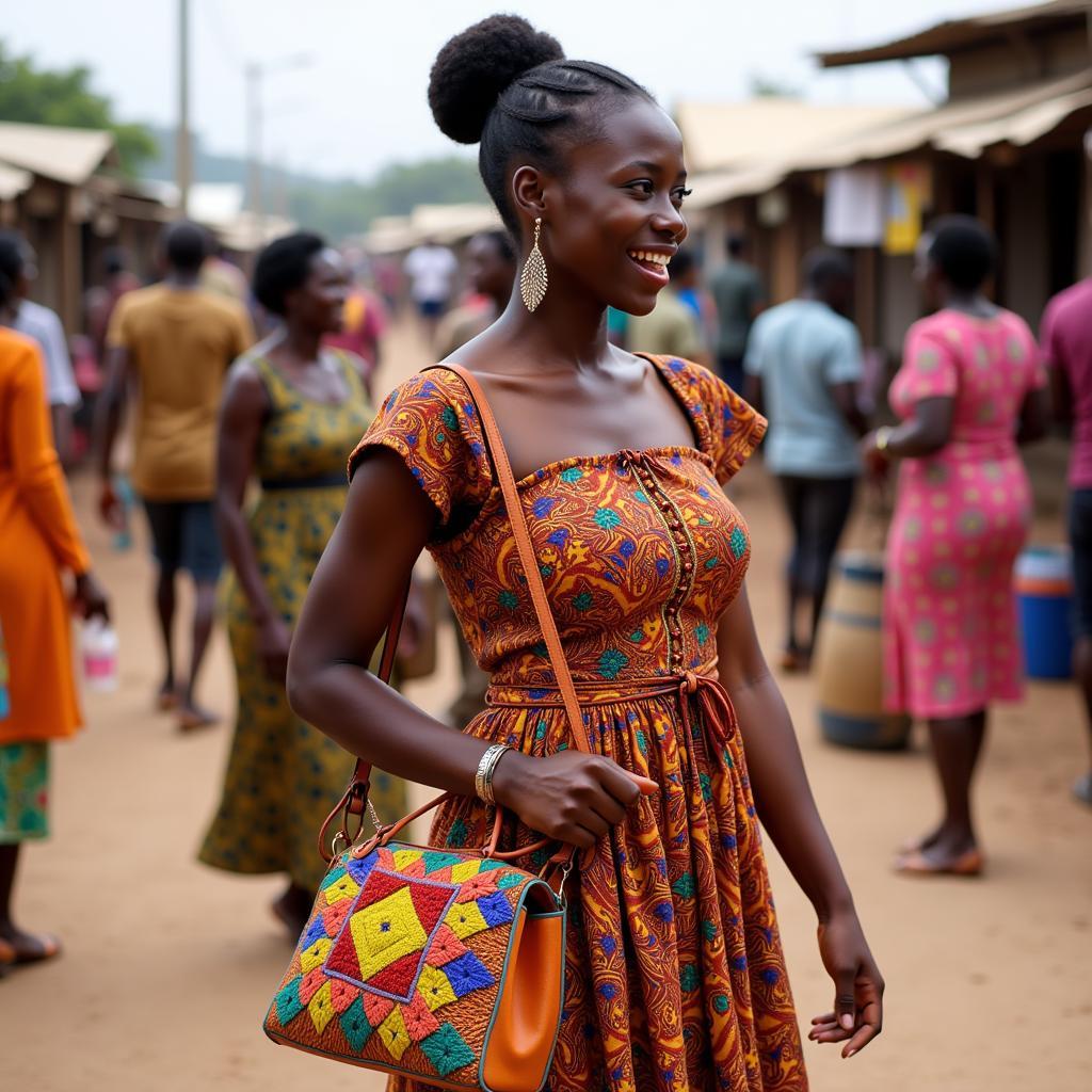 African girl in traditional dress carrying a brightly colored handbag