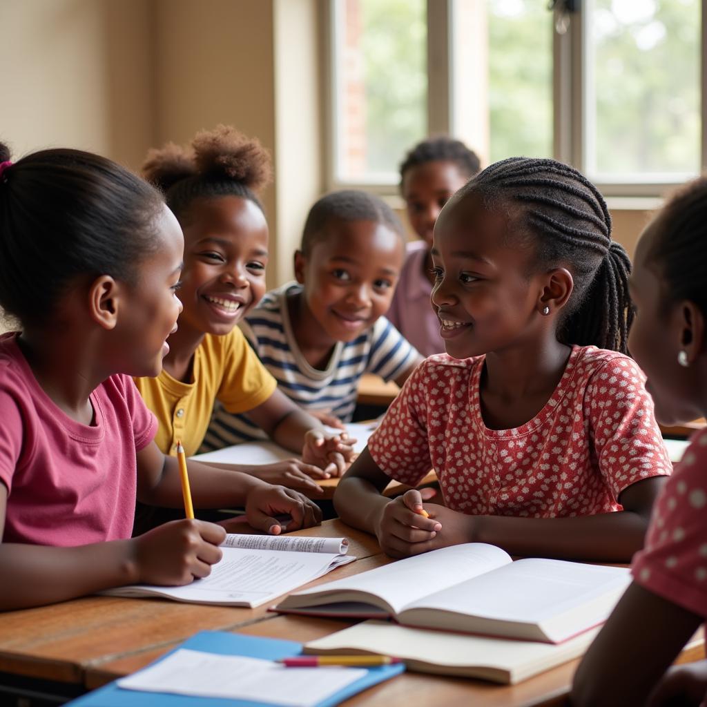 African girls learning together in a classroom