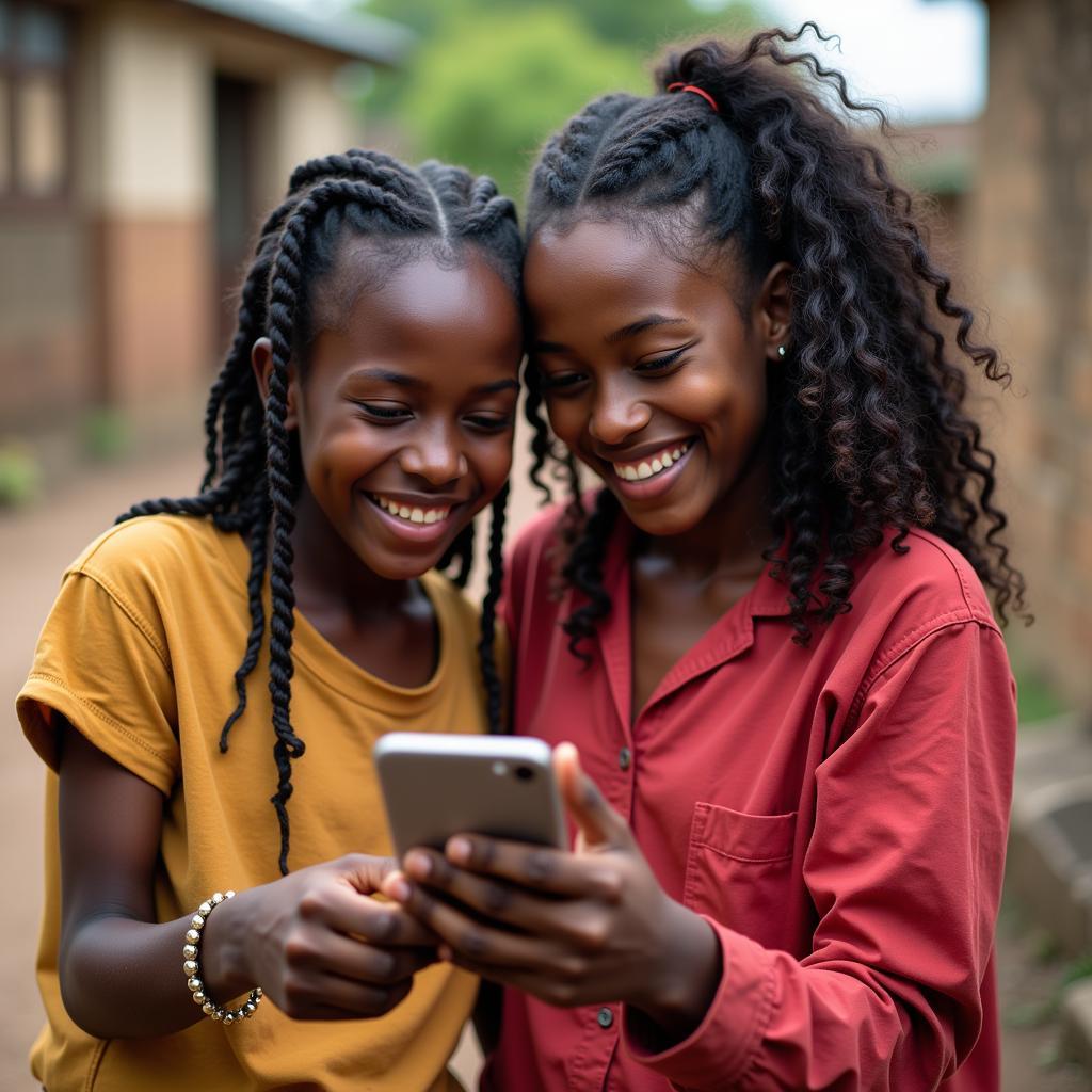 African girls sharing a joke on the phone