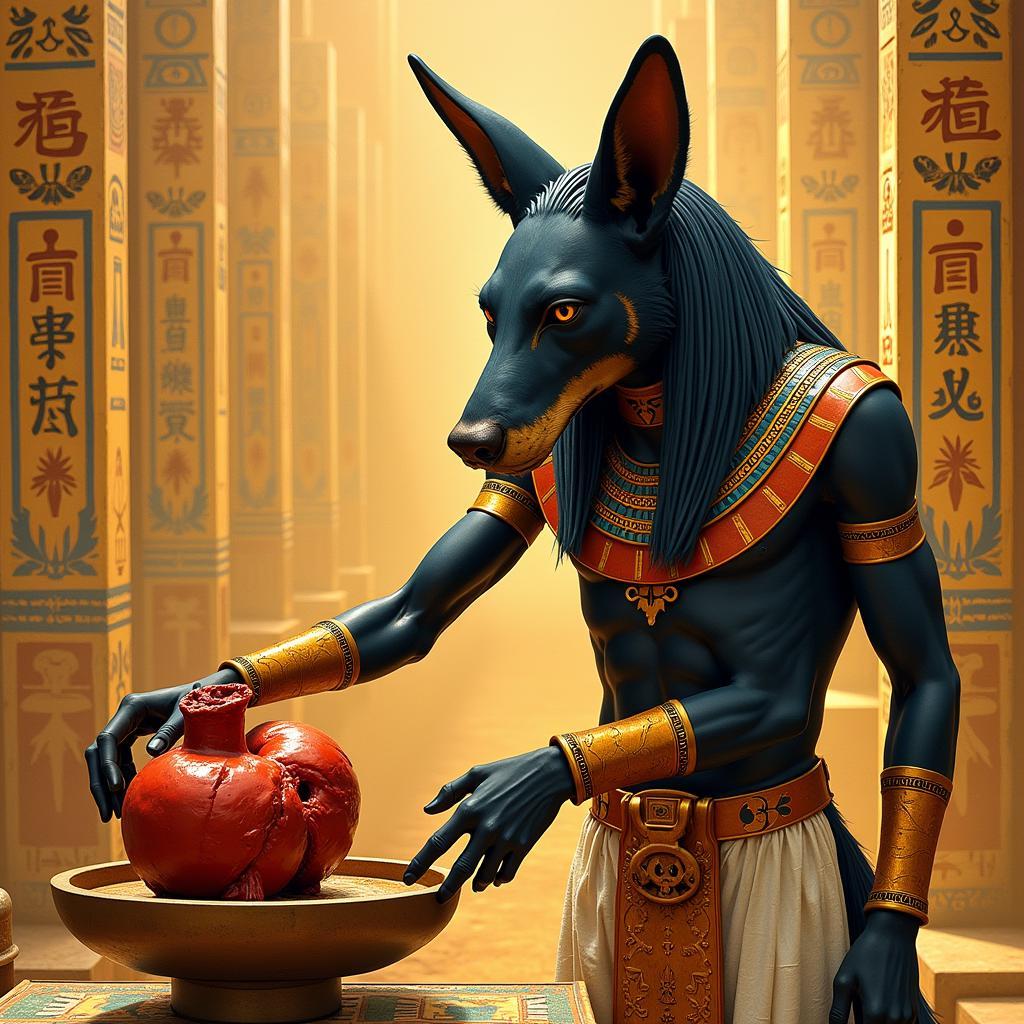 Anubis, the Egyptian god of death, depicted with a jackal head, overseeing the weighing of the heart ceremony.