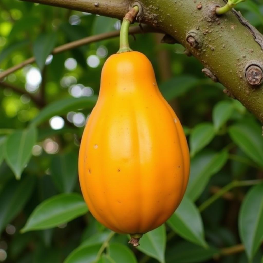 Ripe African Gold papaya hanging from a tree branch